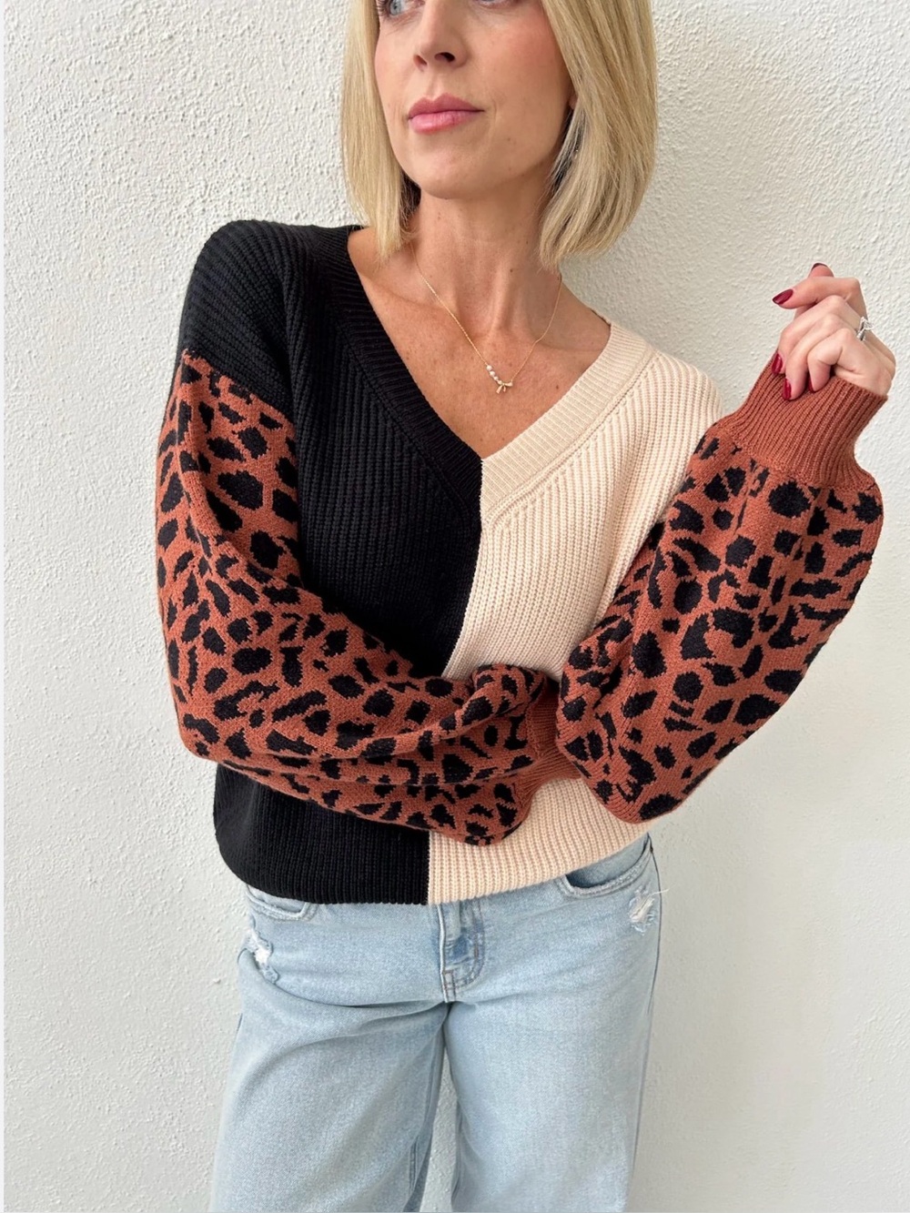 Alya Black Cream & Rust Leopard Colorblock V-Neck Sweater